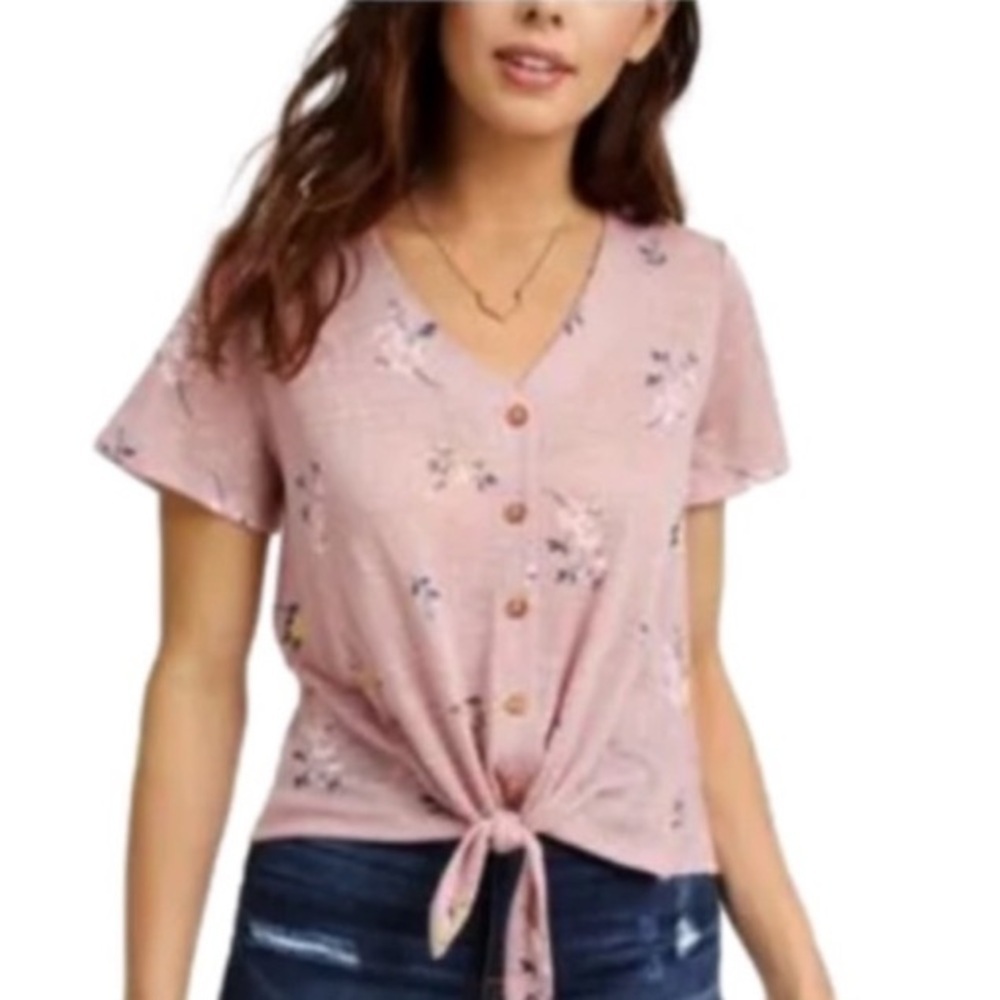 HIPPIE ROSE Top Tie Front Short Sleeve Pink Women Juniors Size XS NWT